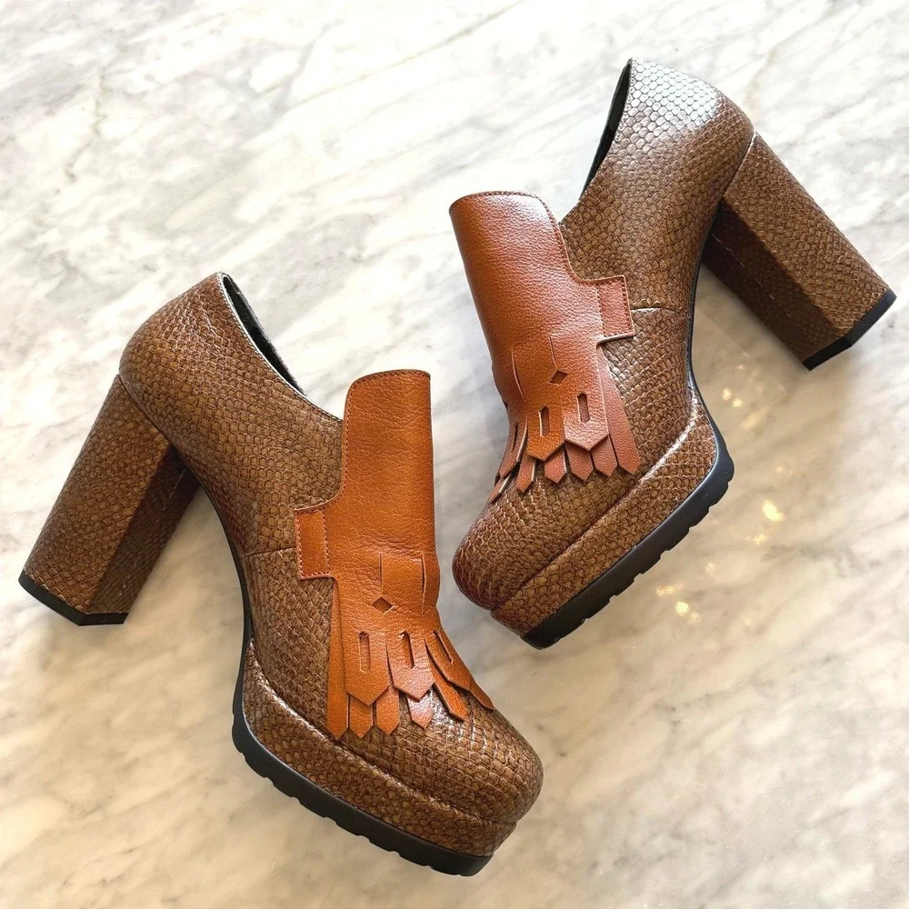 Guido Sgariglia Kiltie Fringe Platform Loafers Snakeskin Print Block Heel 10 NIB